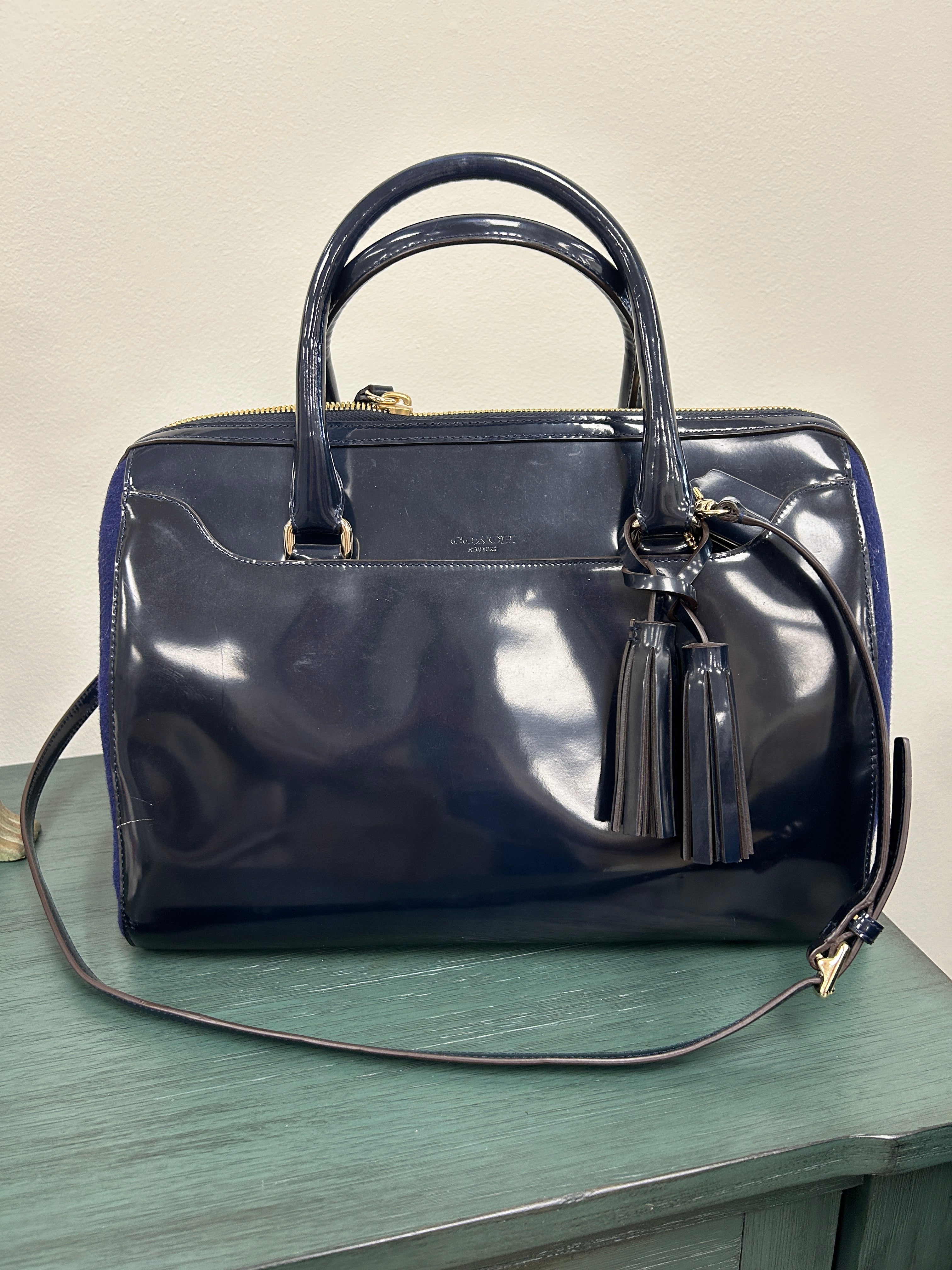 Coach Legacy Helya Two Tone Navy Wool and Patent Leather