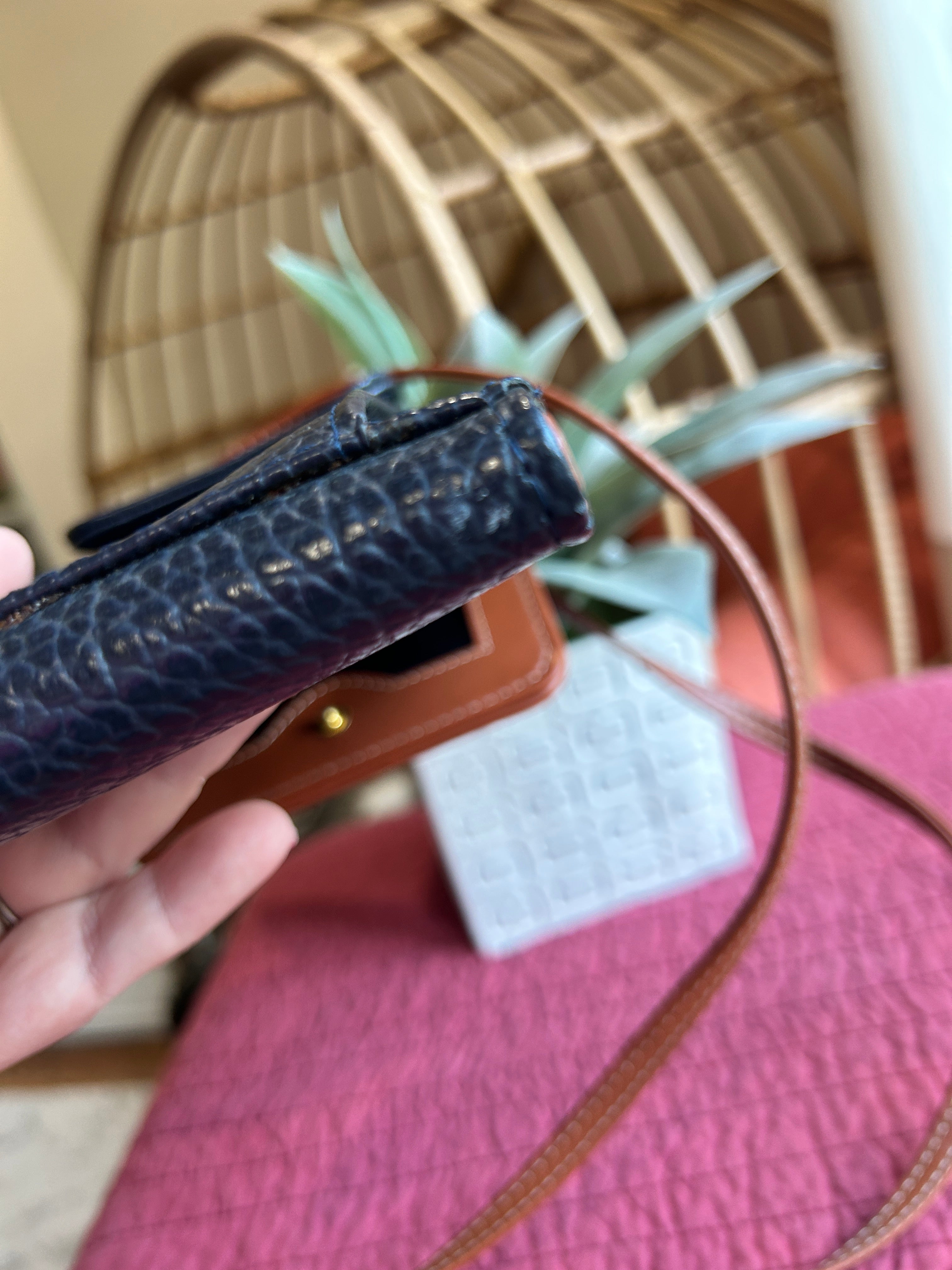 Dooney & Bourke Pebbled Leather Crossbody | Navy + Tan Trim (pre-owned)
