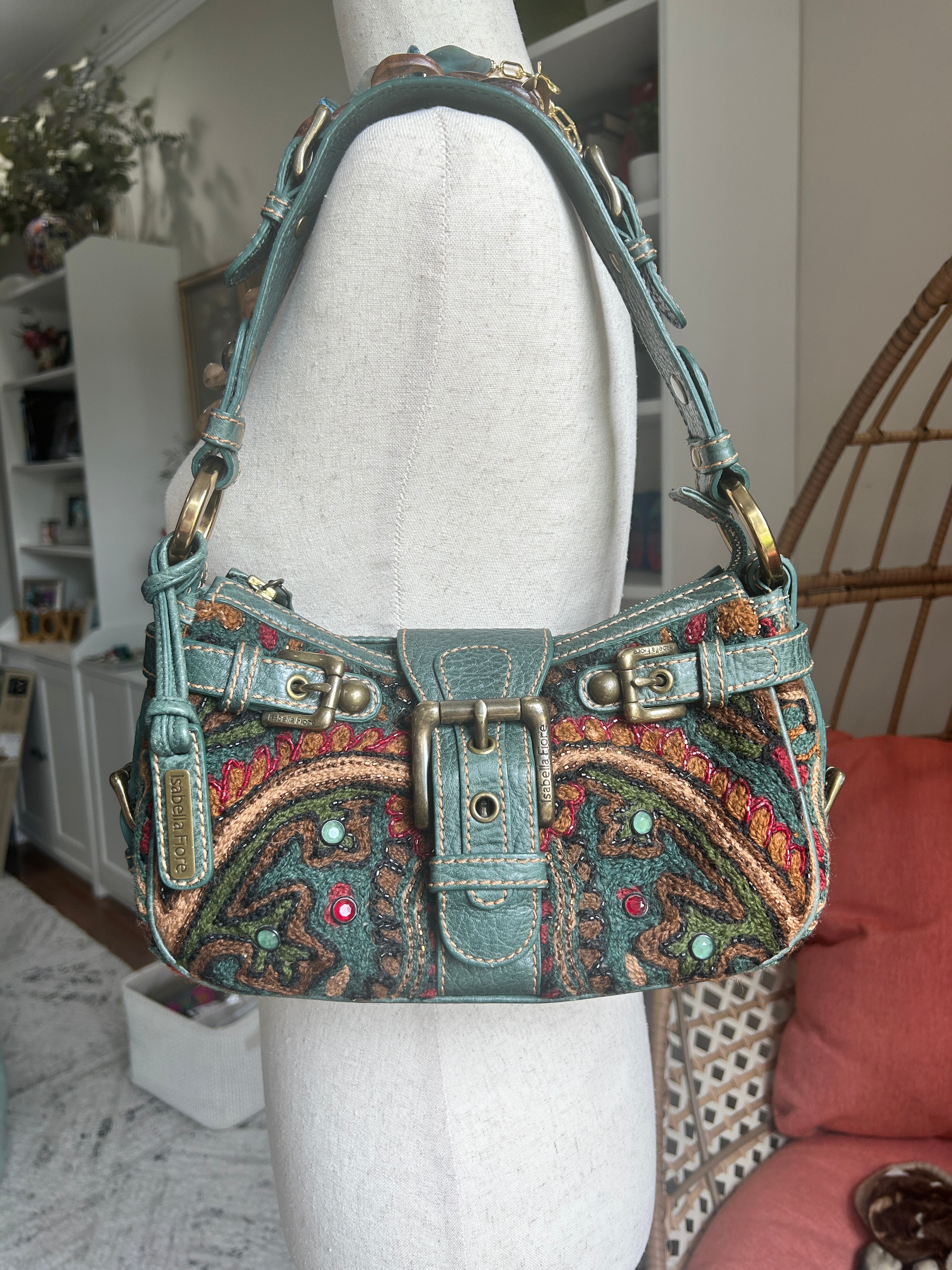 Isabella Fiore Cut‑A‑Rug Tapestry & Leather Shoulder Bag – Pristine Y2K Boho Luxe (Pre-owned)
