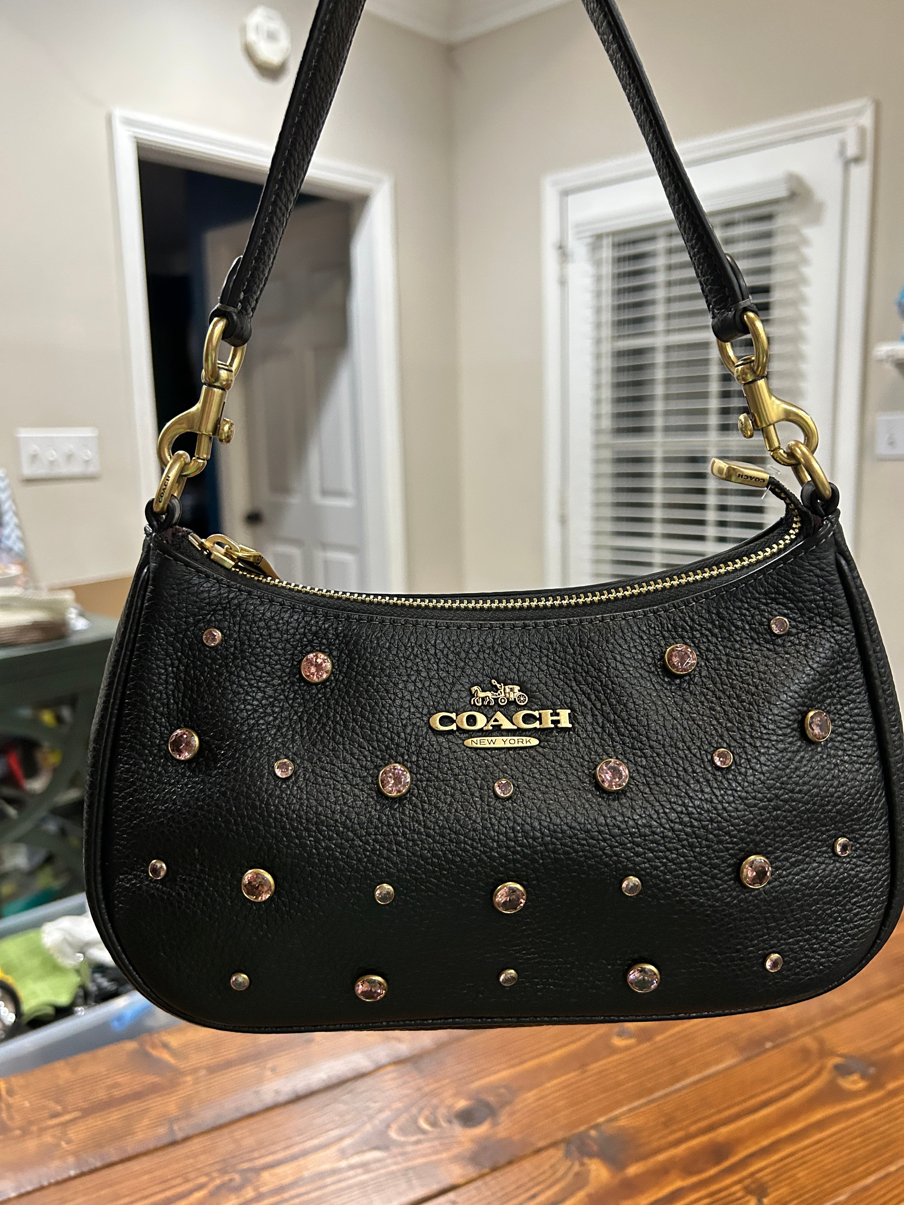 COACH Teri Shoulder Bag With Crystal CAL48 Black Leather (pre-loved) Like New
