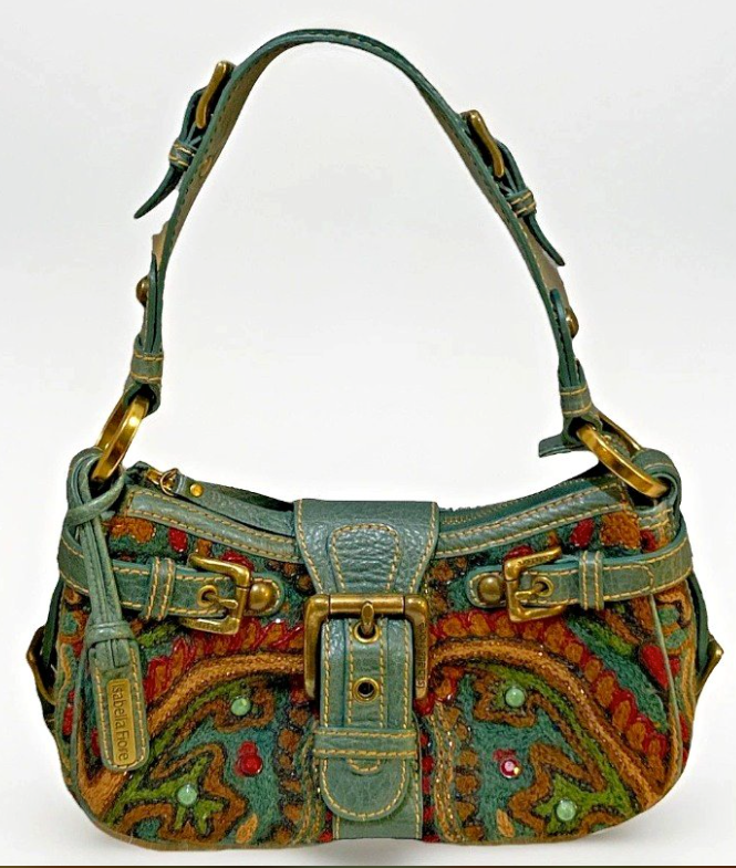 Y2k Styled handbag with intricate beaded tapestry and teal leather on a white background by Isabella Fiore