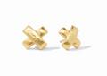 Gold X shaped stud earrings on a white background