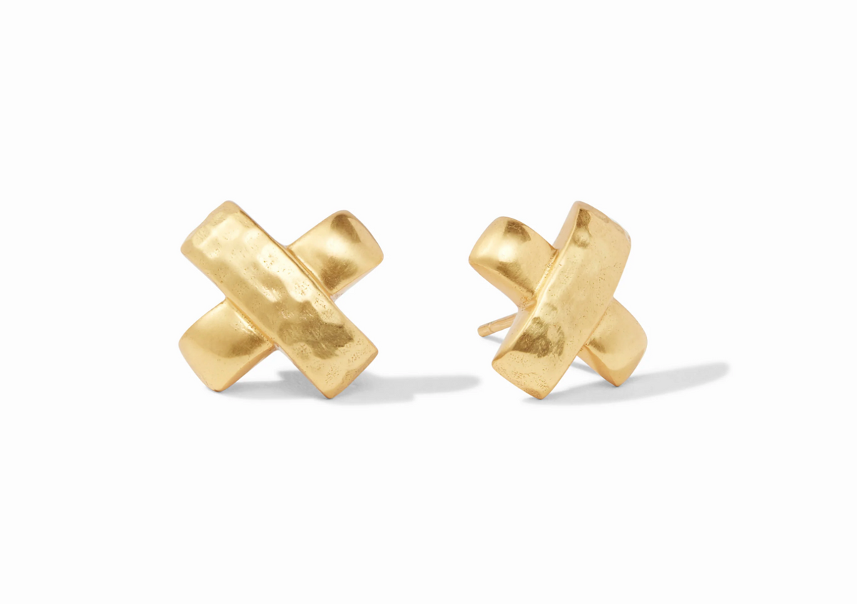 Gold X shaped stud earrings on a white background