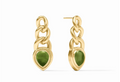 A gold chain link earring with a green stone on a white background.