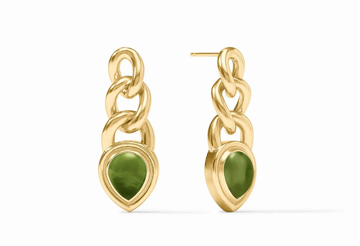 A gold chain link earring with a green stone on a white background.