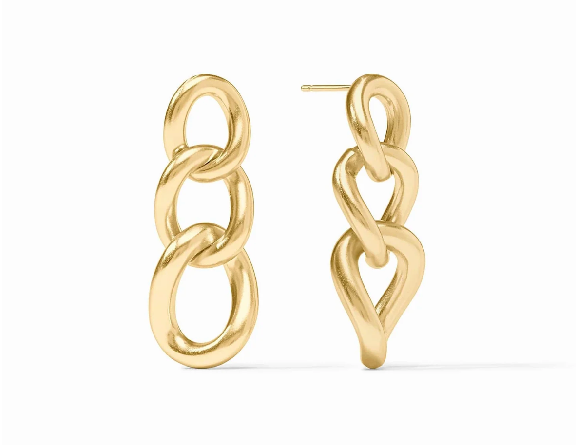 A gold chain link earring on a white background