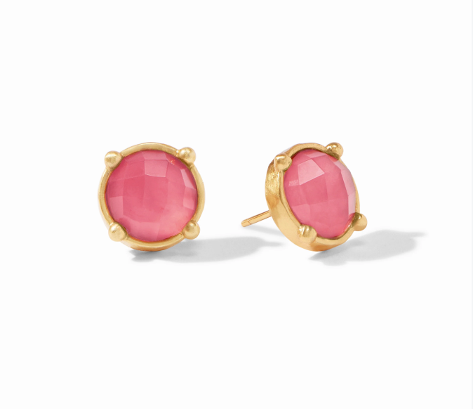 Gold studs with pink stone on a white background