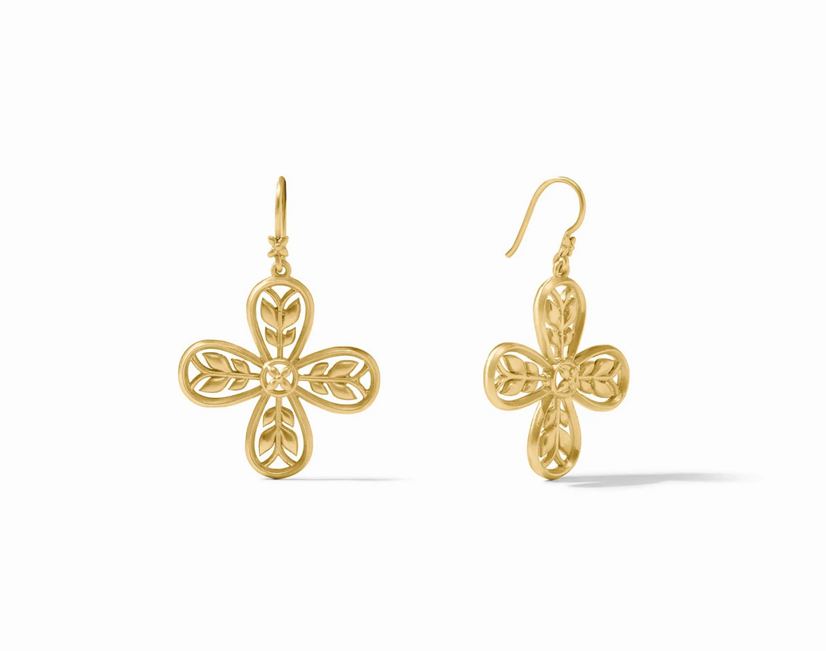 Gold floral earrings on a white background