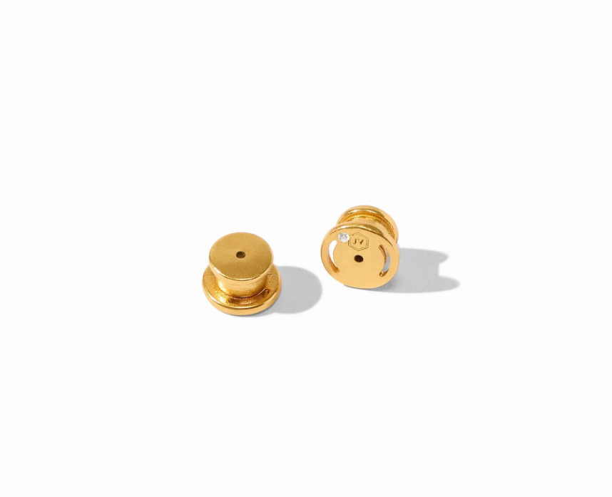 Gold earring backs on white background