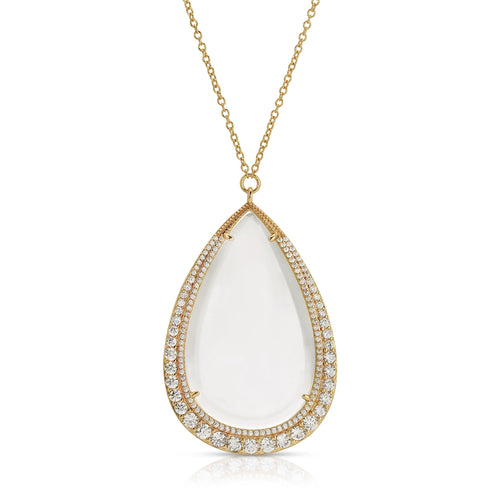 Teardrop-shaped monocle pendant on a gold necklace with matching frame and diamond accents on a white background