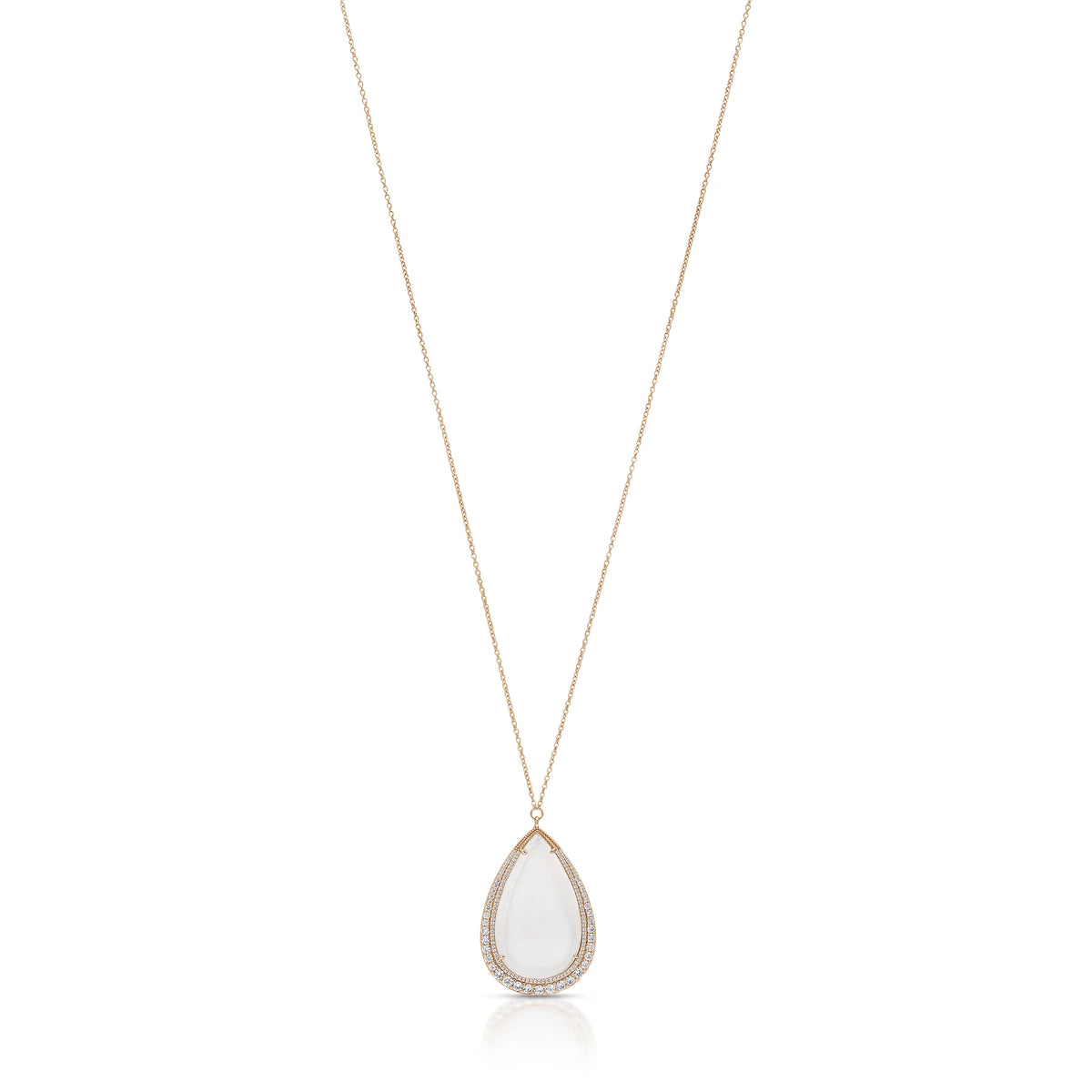 Gold necklace with a teardrop-shaped monocle pendant on a white background