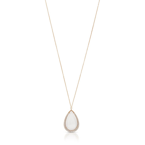 Gold necklace with a teardrop-shaped monocle pendant on a white background
