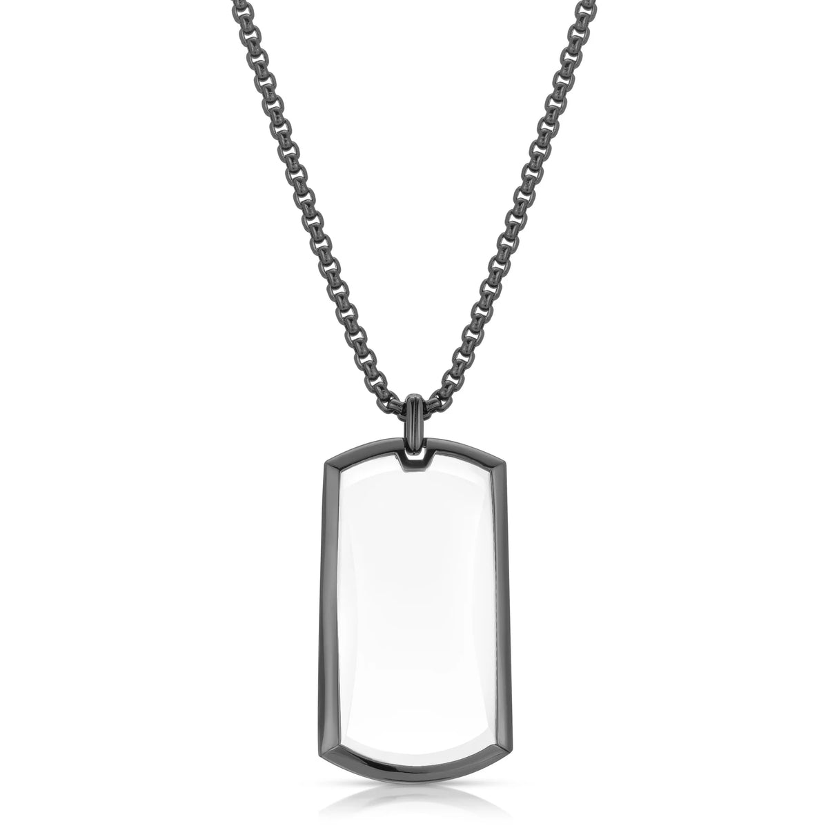 Gunmetal necklace with a dog tag-shaped monocle pendant on a white background