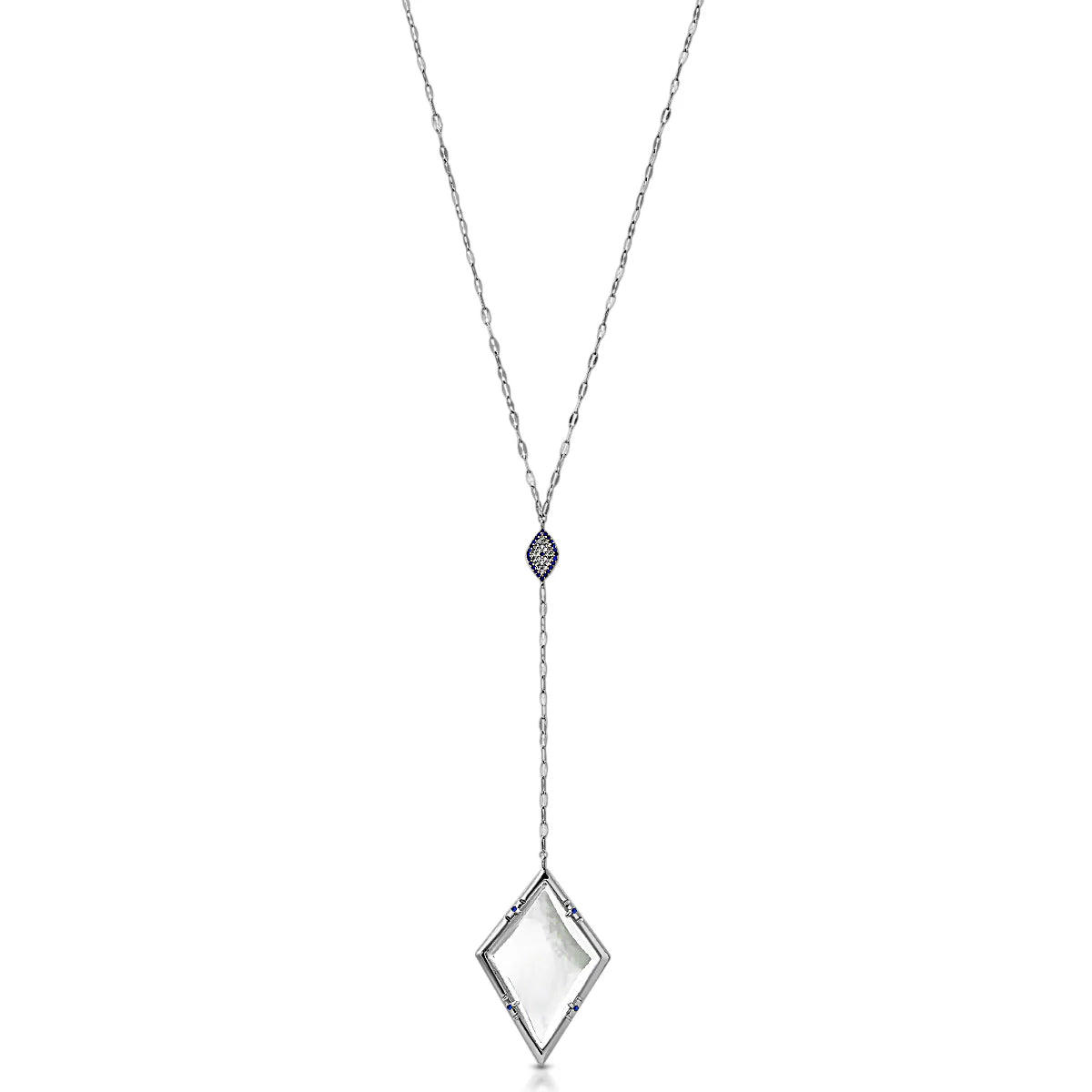 Silver necklace with a diamond-shaped monocle pendant on a white background