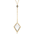 Gold necklace with a diamond-shaped monocle pendant on a white background