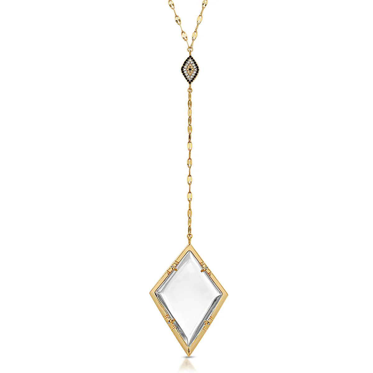 Gold necklace with a diamond-shaped monocle pendant on a white background