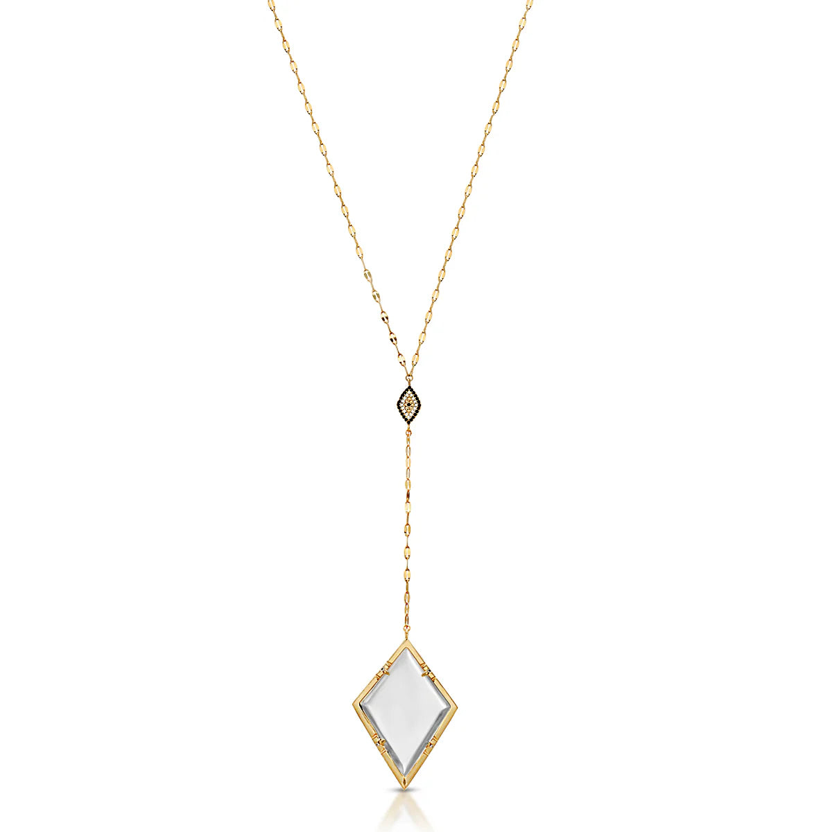 Gold necklace with a diamond-shaped monocle pendant on a white background