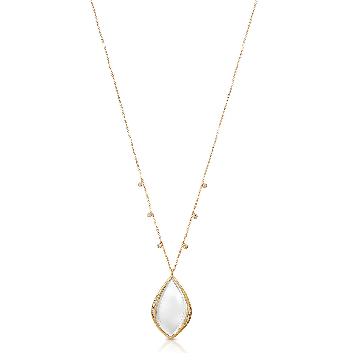 Gold necklace featuring a teardrop-shaped monocle pendant with diamond accents on both chain and pendant against a white background