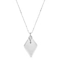 Silver necklace with a diamond-shaped monocle pendant on a white background