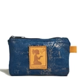 Blue pouch with leather trim and New Hope Girls branding on a white background