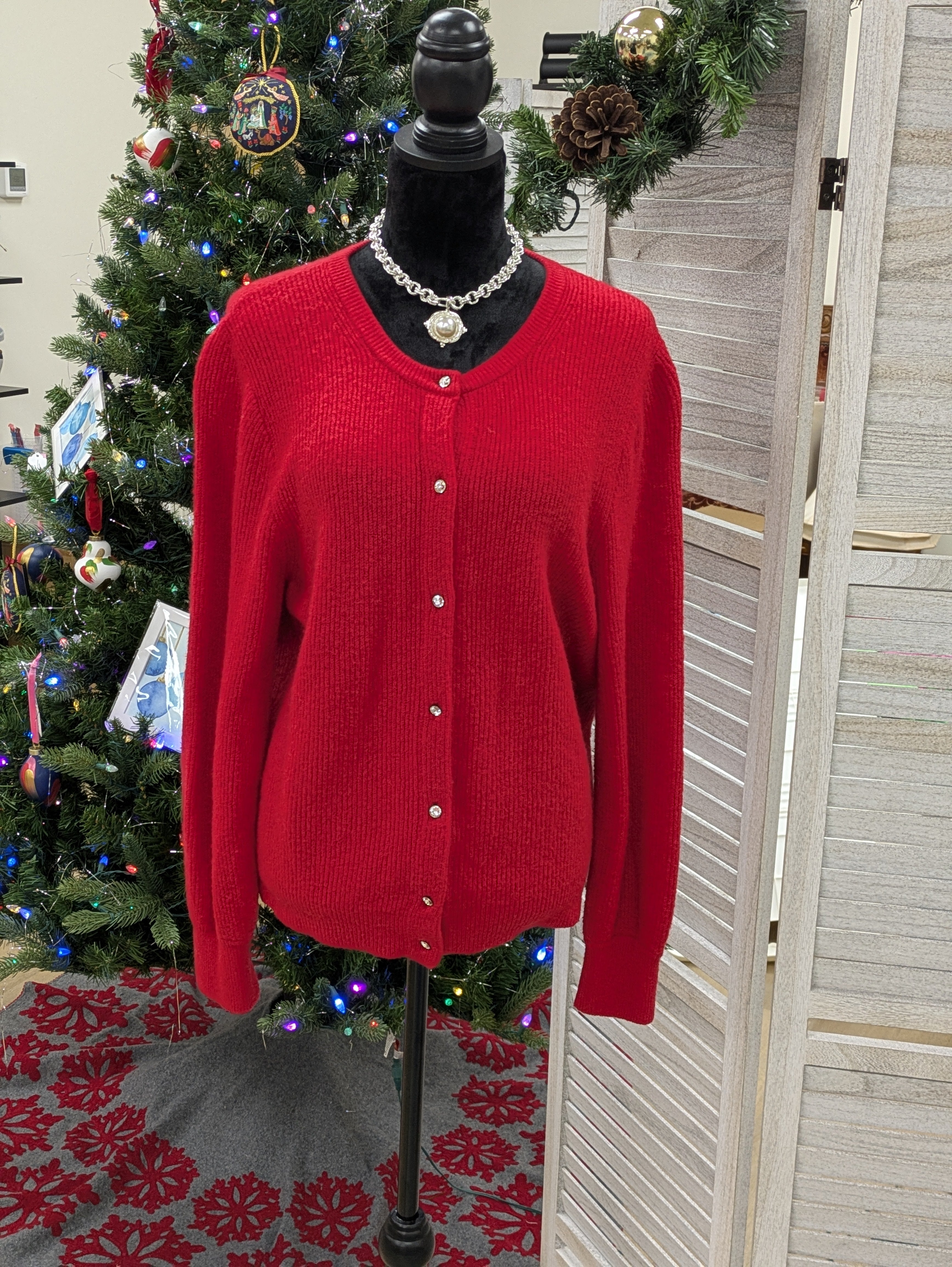 Red J. Crew sweater with crystal buttons