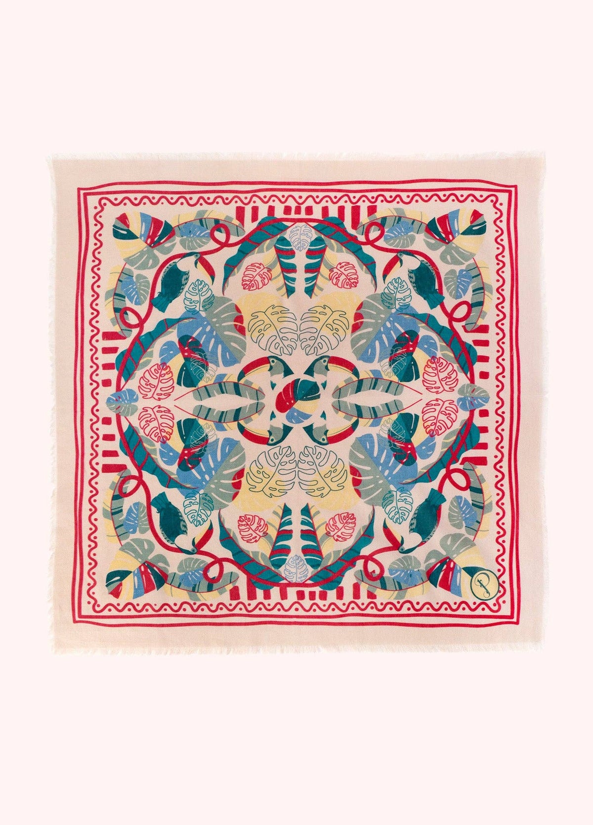 Decorative scarf with a colorful design featuring tropical leaves and toucans on a white background