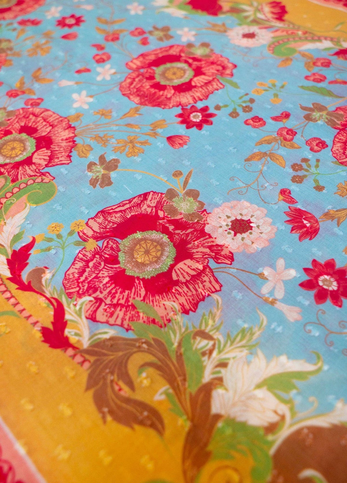 Close up colorful floral pattern on a scarf.
