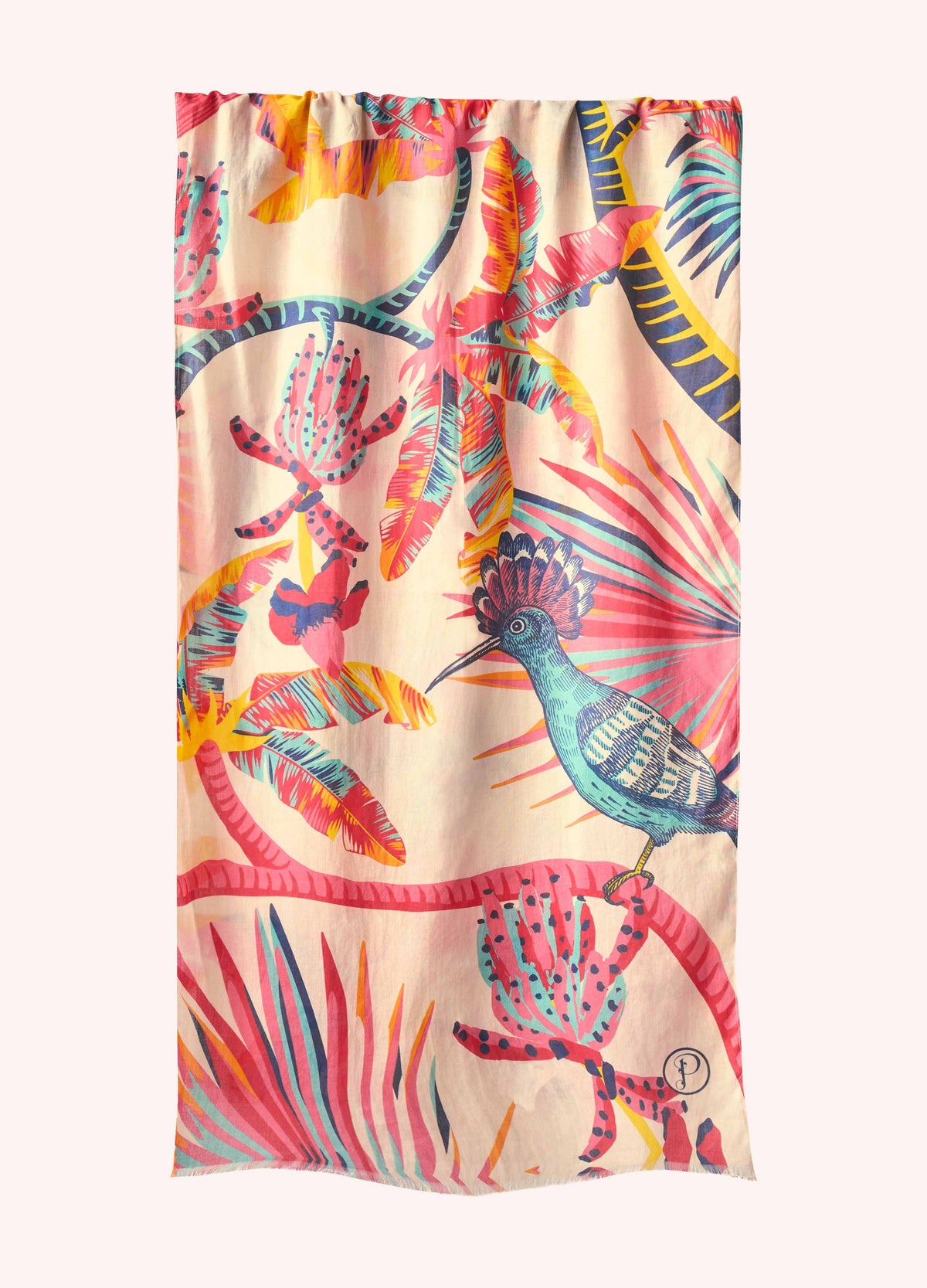 Colorful scarf with tropical bird and leaf design on a white background