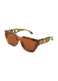 Sunglasses with olive tortoiseshell frame and brown lenses on a white background