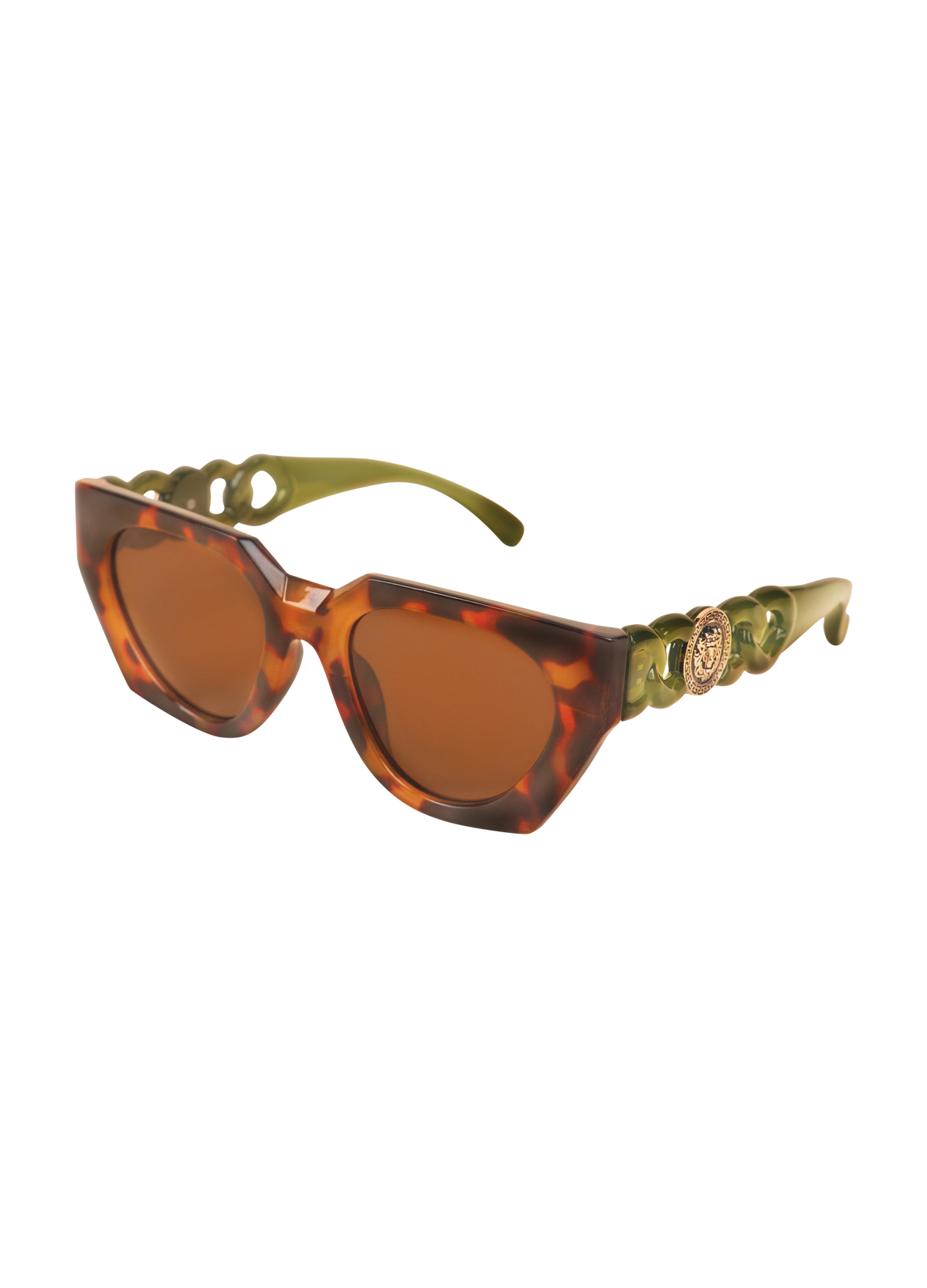 Sunglasses with olive tortoiseshell frame and brown lenses on a white background