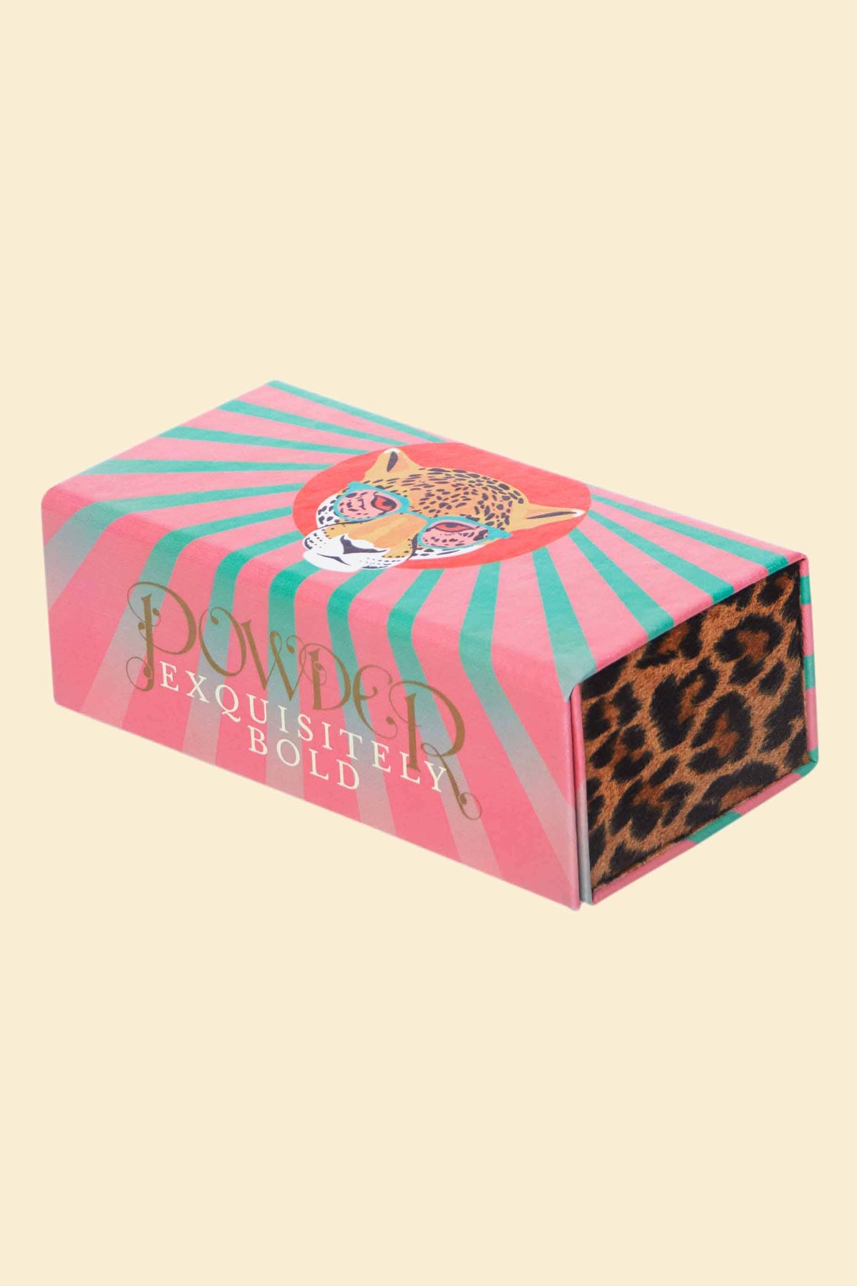 Colorful box with leopard print and Powder company logo on a beige background