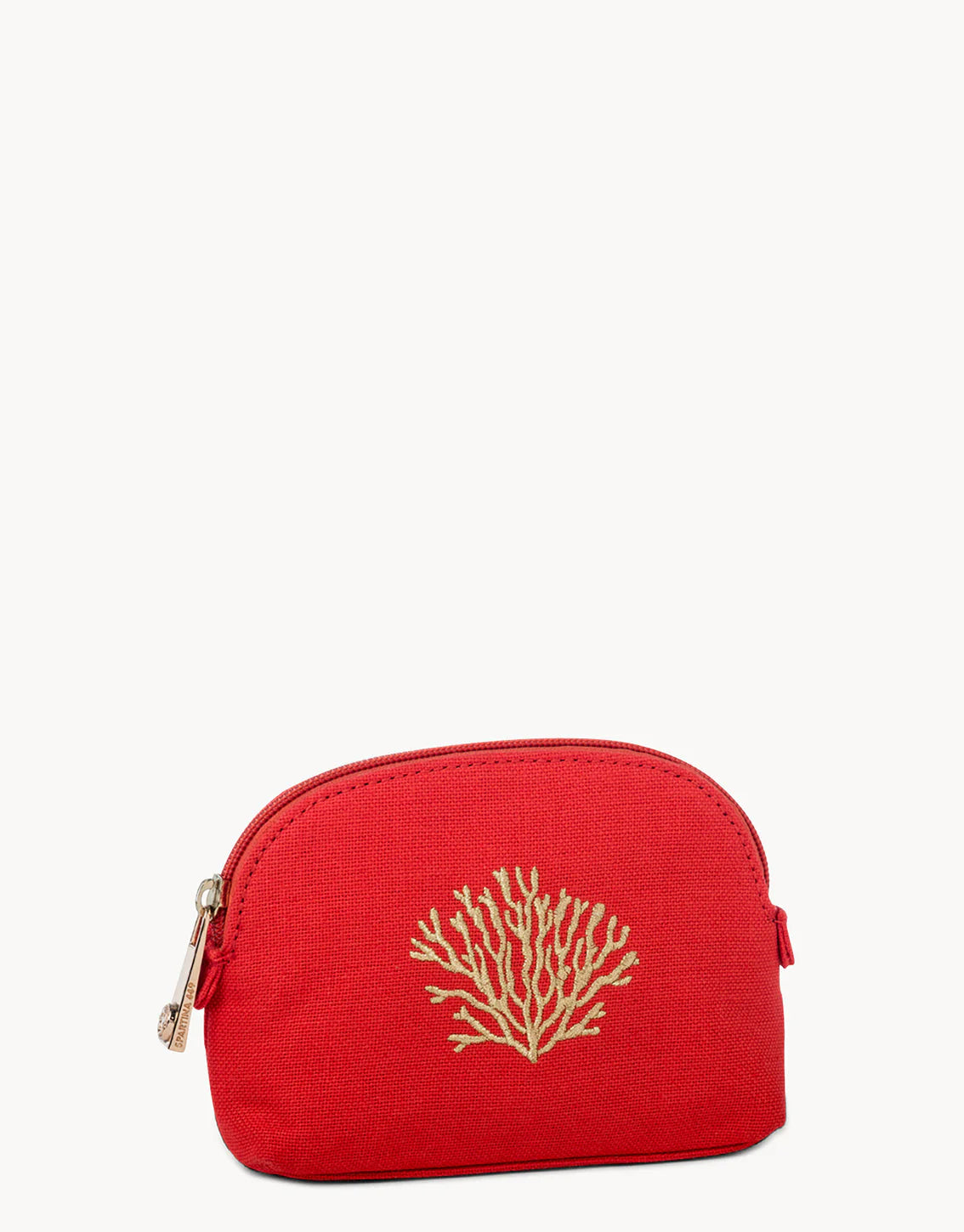 Red pouch with a gold coral design on a white background