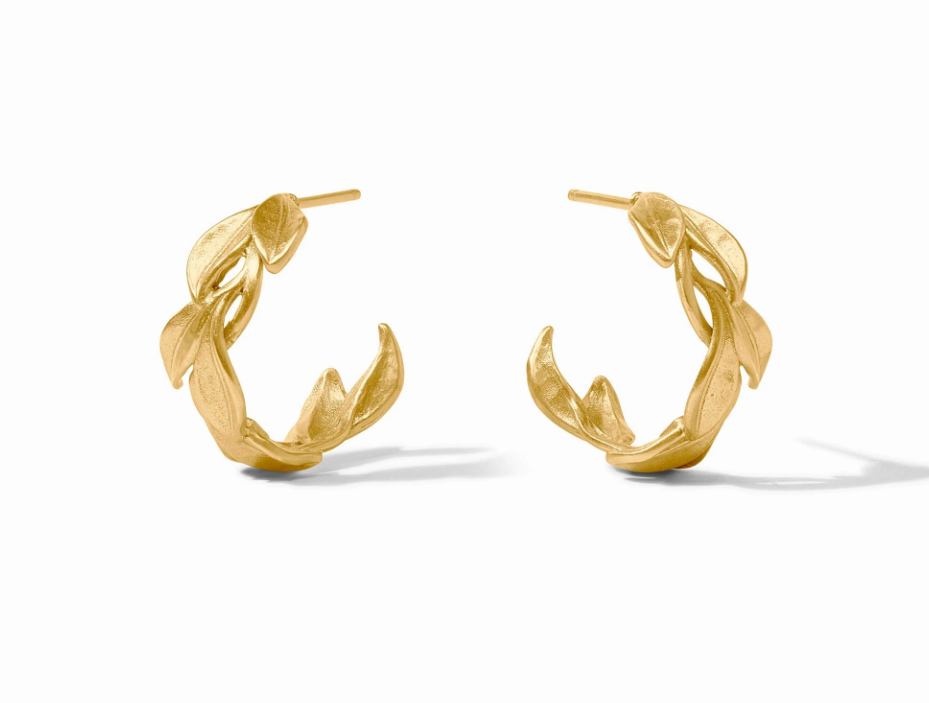 Pair of gold, wreath-style hoop earrings.