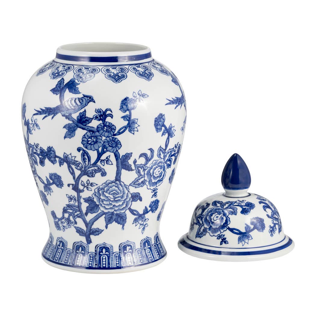 Blue Ceramic Chinoiserie Temple Jar with Bird/Flower - 18 in.