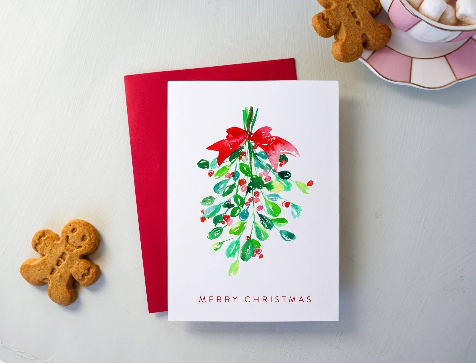 Merry Christmas Mistletoe Watercolor Holiday Card
