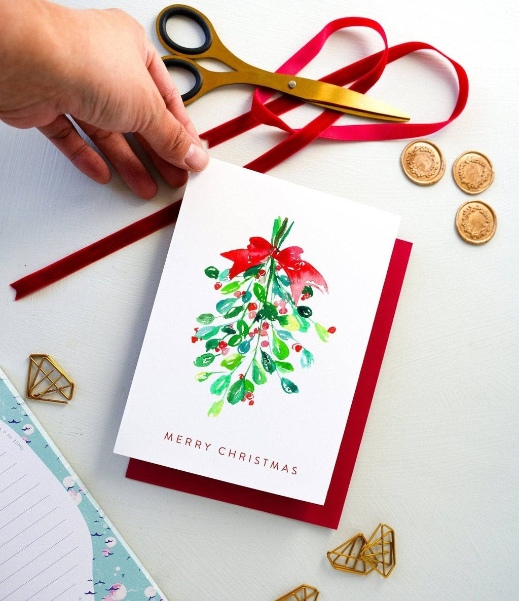 Merry Christmas Mistletoe Watercolor Holiday Card