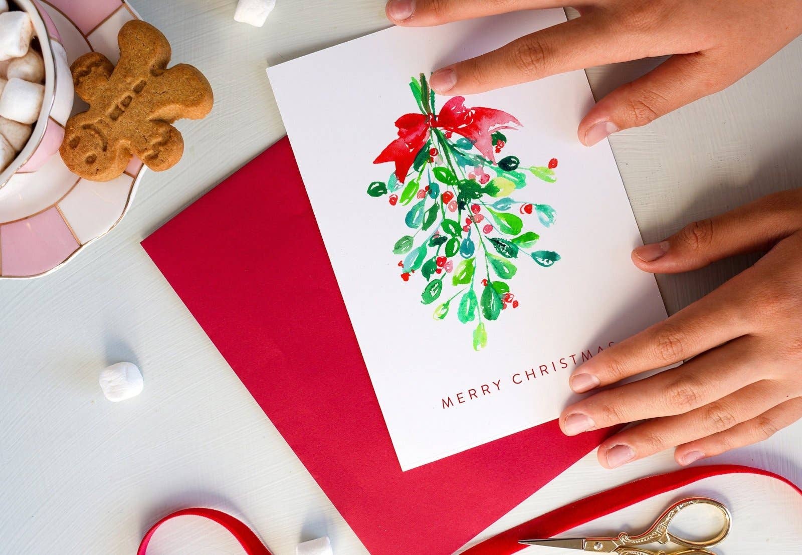 Merry Christmas Mistletoe Watercolor Holiday Card