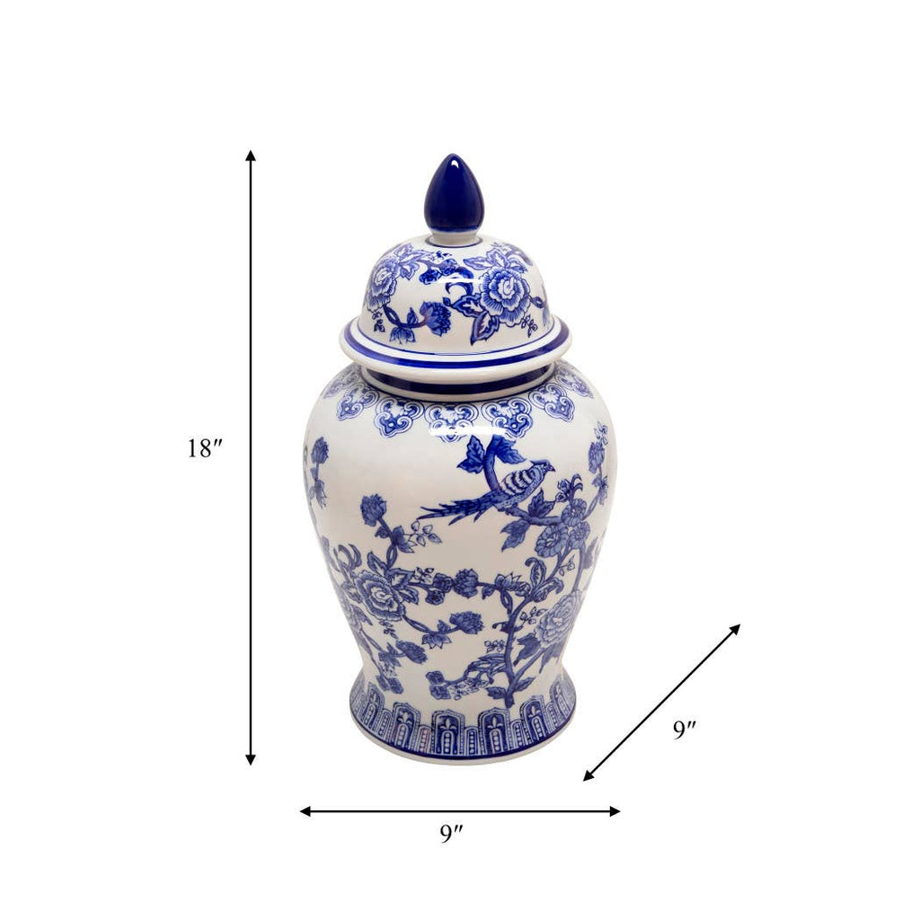 Blue Ceramic Chinoiserie Temple Jar with Bird/Flower - 18 in.