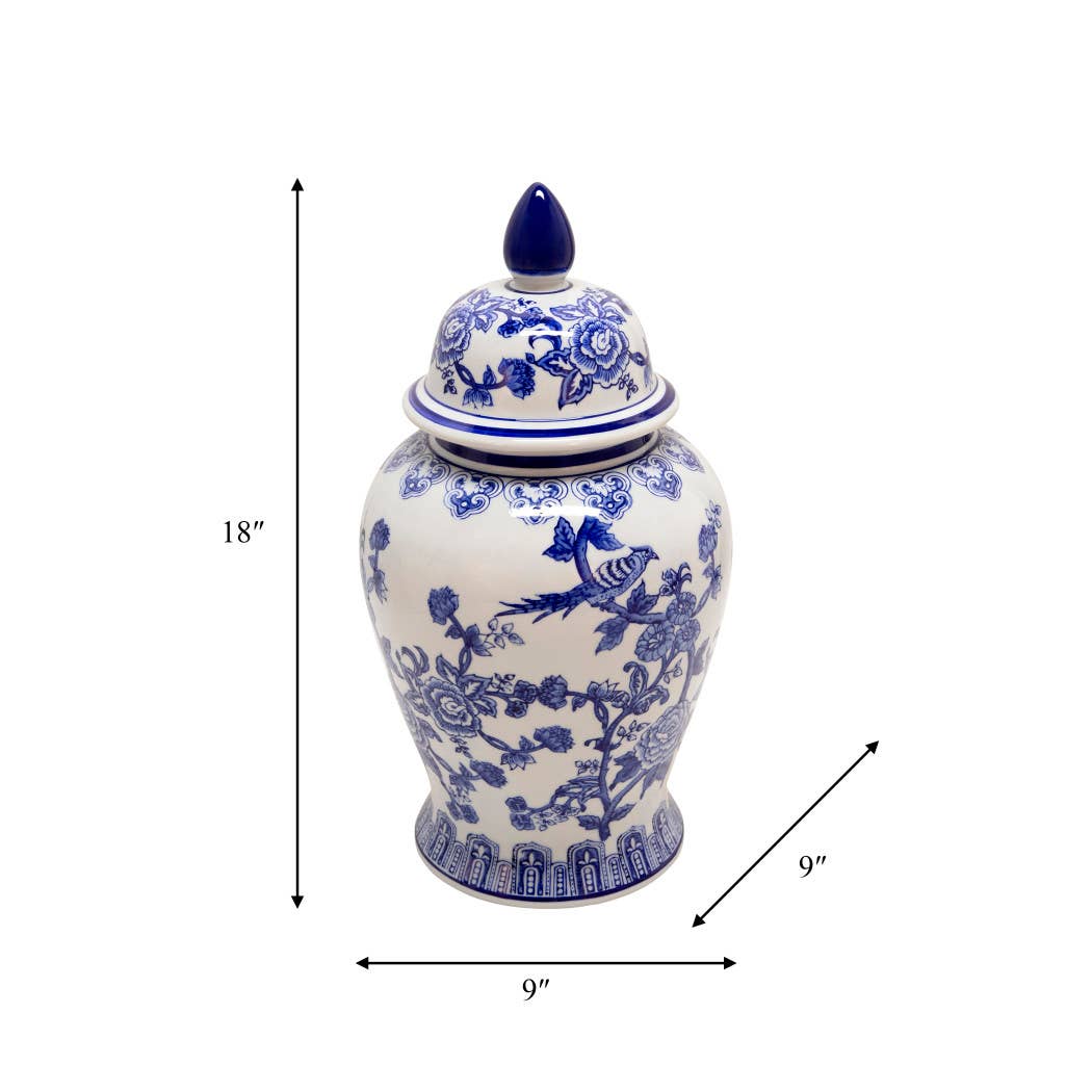 Blue Ceramic Chinoiserie Temple Jar with Bird/Flower - 18 in.
