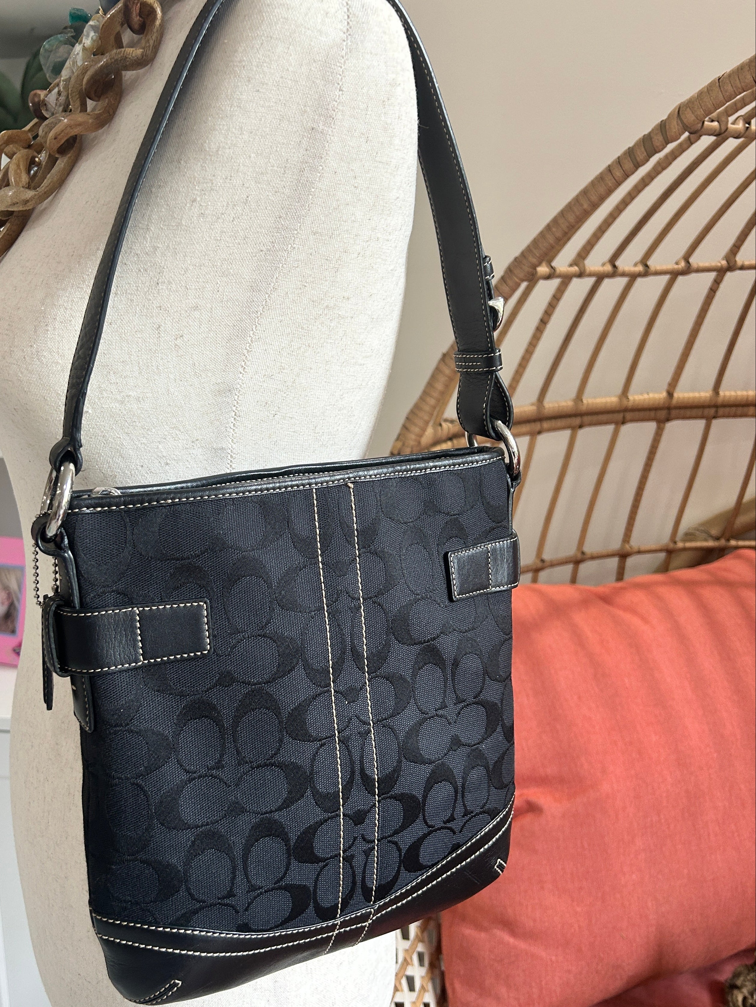 Coach Signature Shoulder Bag | Black Monogram Canvas Leather Buckle Accent (Pre-owned)