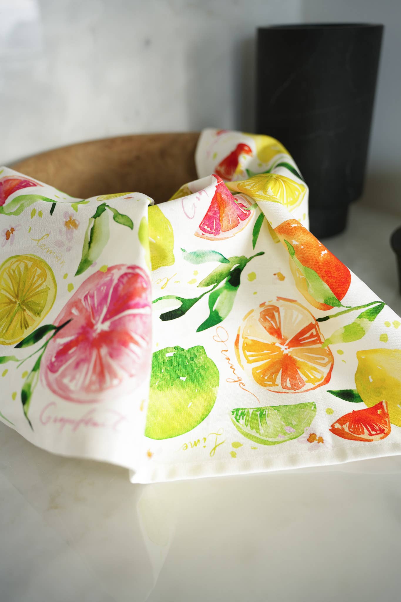 Citrus Party Tea Towel. Lemon Fruit Watercolor Kitchen Towel