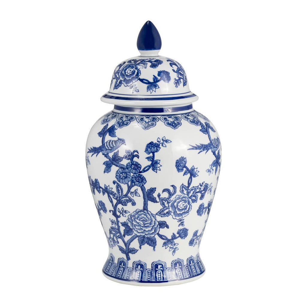 Blue Ceramic Chinoiserie Temple Jar with Bird/Flower - 18 in.