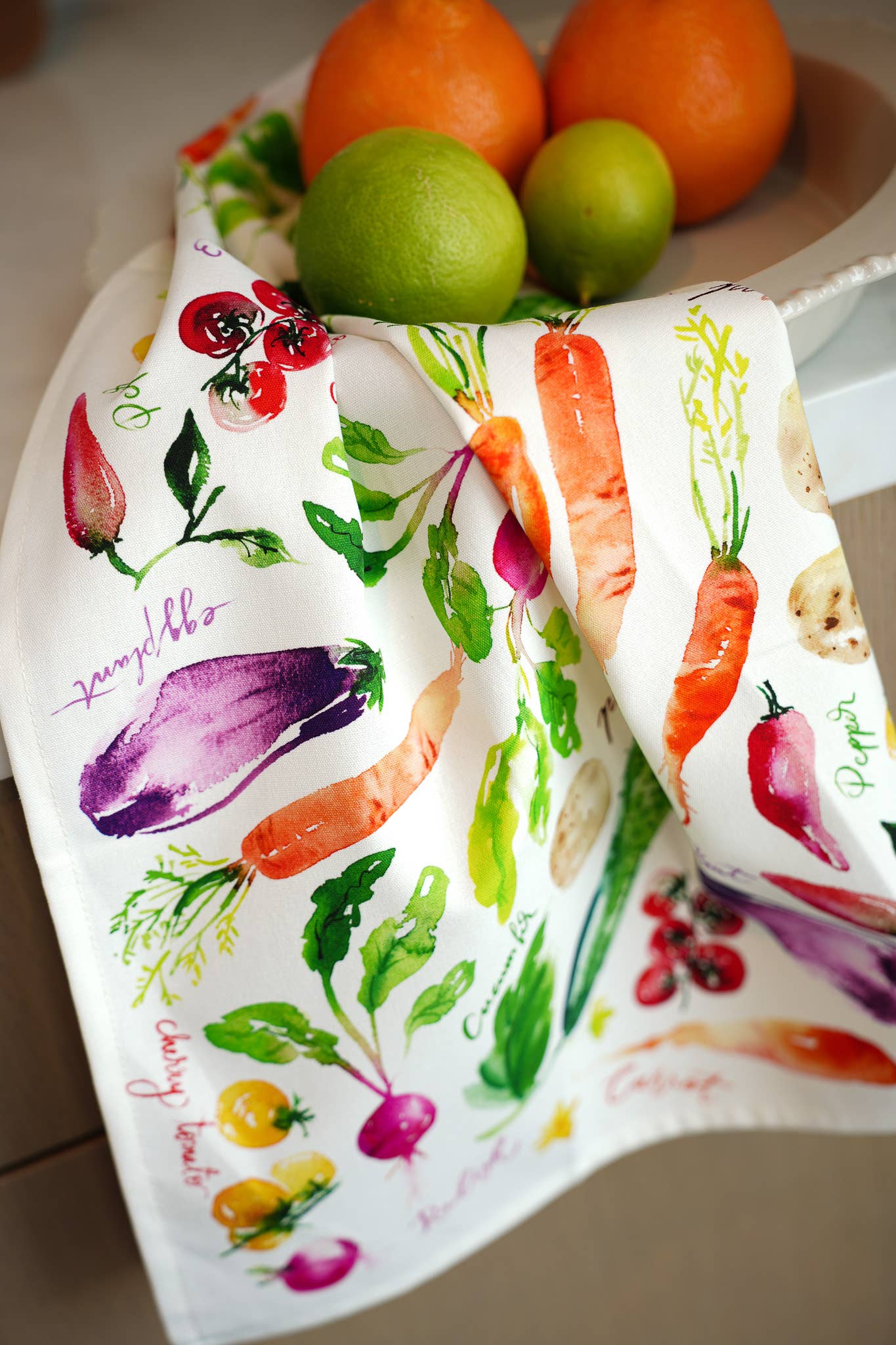 Vegetable Medley Tea Towel. Watercolor Veggie Kitchen Towel.
