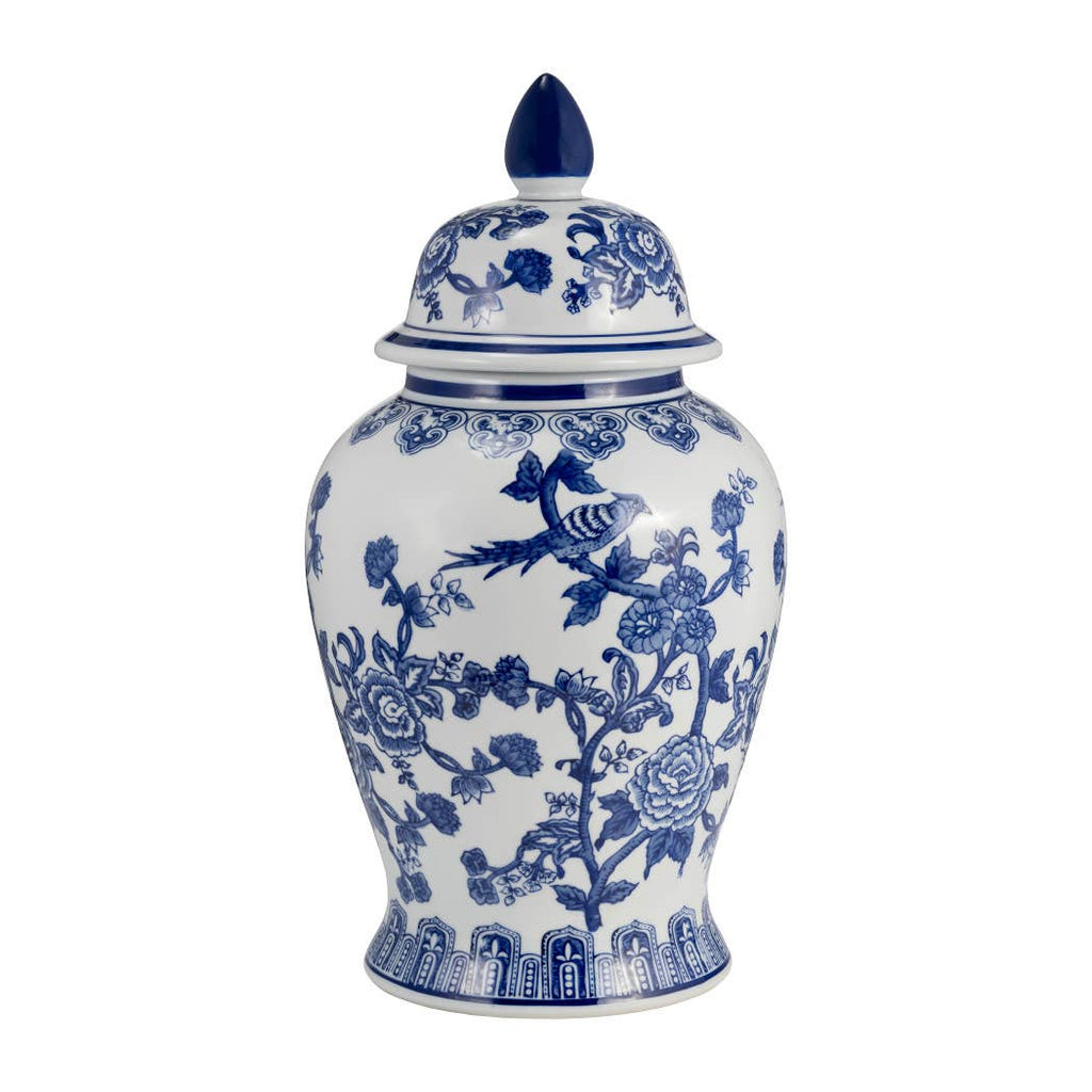 Blue Ceramic Chinoiserie Temple Jar with Bird/Flower - 18 in.
