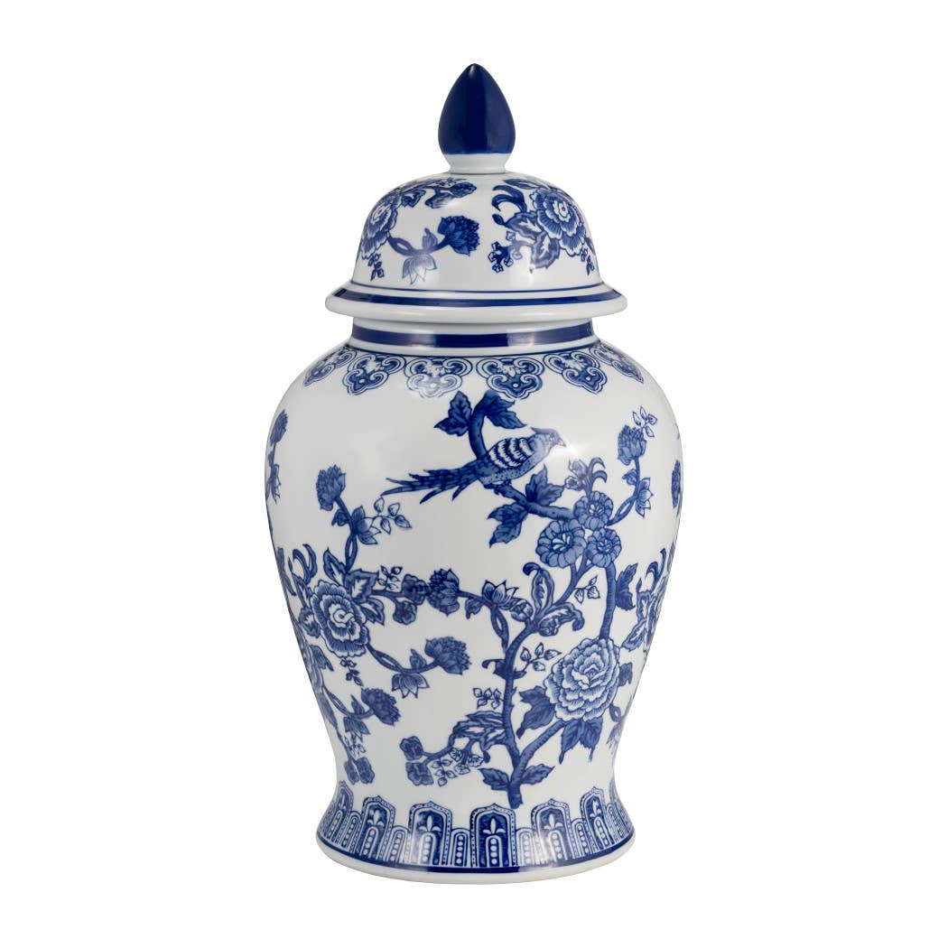 Blue Ceramic Chinoiserie Temple Jar with Bird/Flower - 18 in.