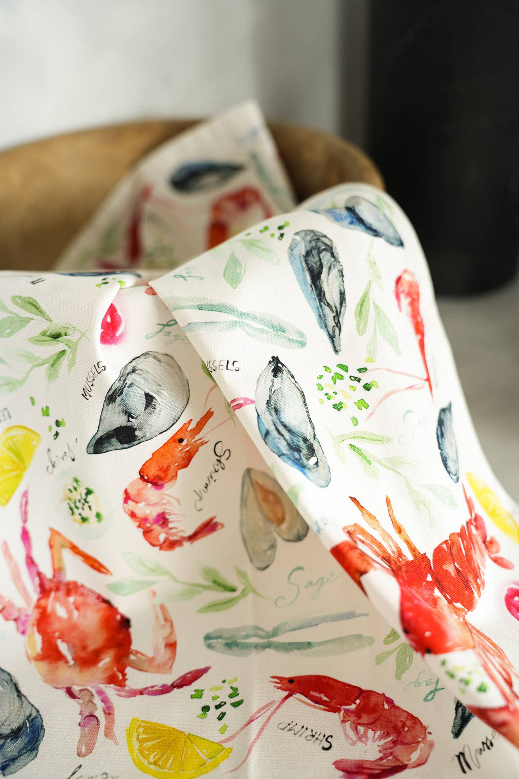 Seafood Table Tea Towel. Watercolor Lobster Dish Towel.