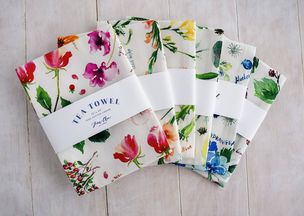 Botanical Rainbow (Blue) Flower Tea Towel. Floral Dish Towel