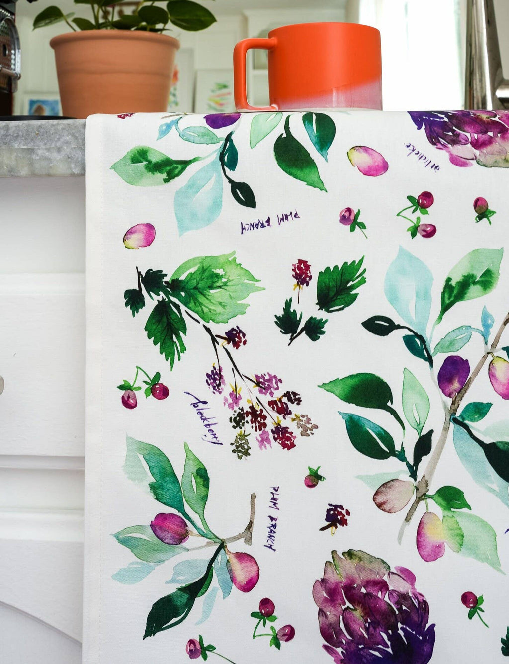 Botanical Rainbow (Purple) Tea Towel. Floral Kitchen Towel.