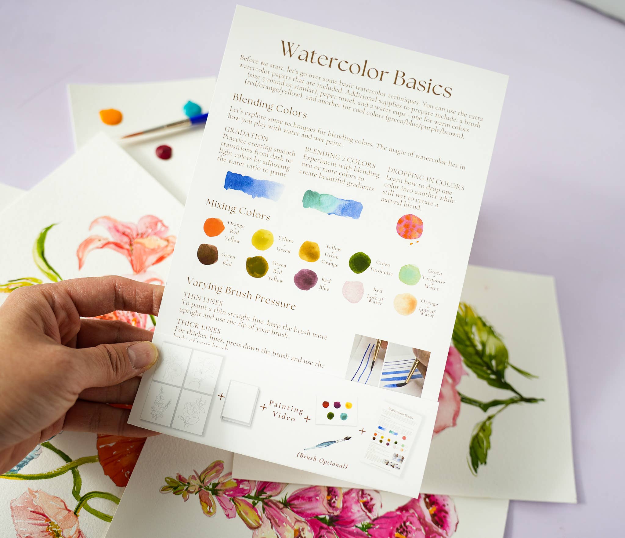Florals Watercolor Painting Kit with Outlined Pages