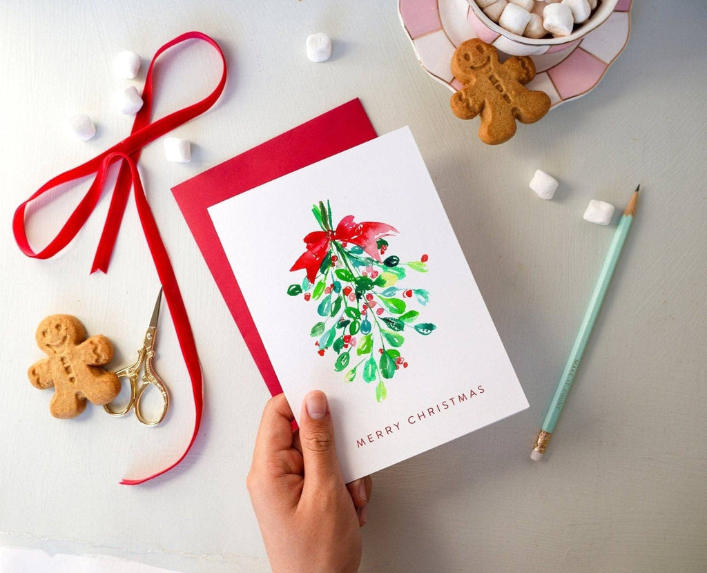 Merry Christmas Mistletoe Watercolor Holiday Card